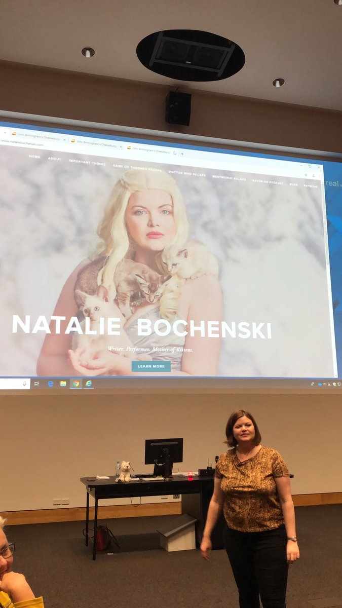 Mother of Kittens, recap queen and snappy shirt wearer <a href="/girlclumsy/">Natalie Bochenski</a> in for our lecture today 🤩 I’m one witty comment away from investing my foreseeable future watching GOT! #qutoj1