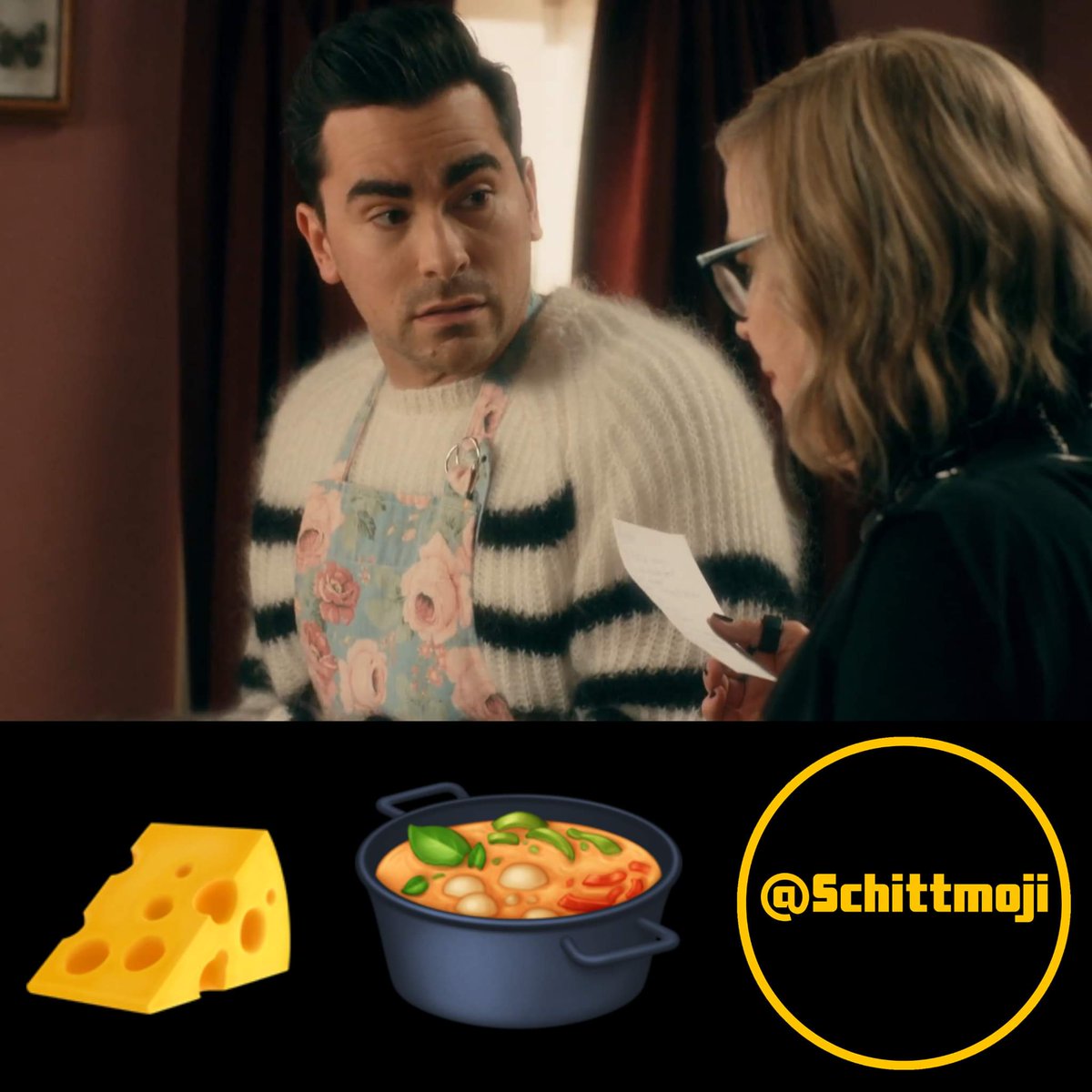 schittmoji's tweet photo. Moira: "Next step is to fold in the cheese." π§
β’β’β’β’
David: "How do you fold it? Do you fold it in half, like a piece of paper, and drop it in the pot, or, what do you do?"
#SchittsCreek #FamilyDinner #Schittmoji #CatherineOHara #emmys2019 #100BestShows #1π https://t.co/Qjif5sc3BQ