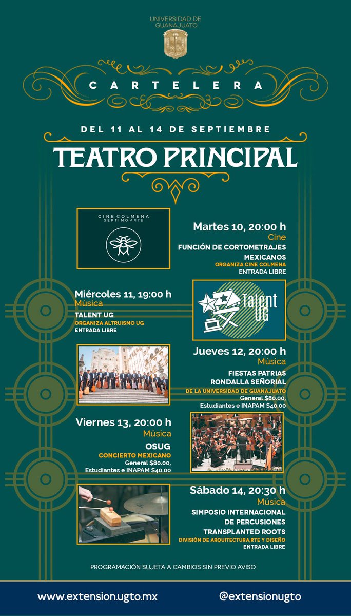 CulturaUG's tweet photo. ¡#TodosAlTeatro!

Te compartimos las actividades del 11 al 14 de septiembre en el #TeatroPrincipal ¡NO FALTES!

#ExtensionUGTO https://t.co/0iU7ET1S5t