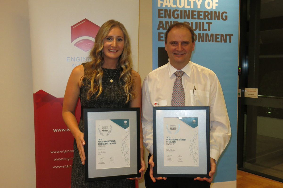 Congratulations to Alumni Sarah Gray &amp; Peter Sepien for winning two of Newcastle's prestigious engineering awards at the Engineers Australia Sally Chapman Memorial Dinner!