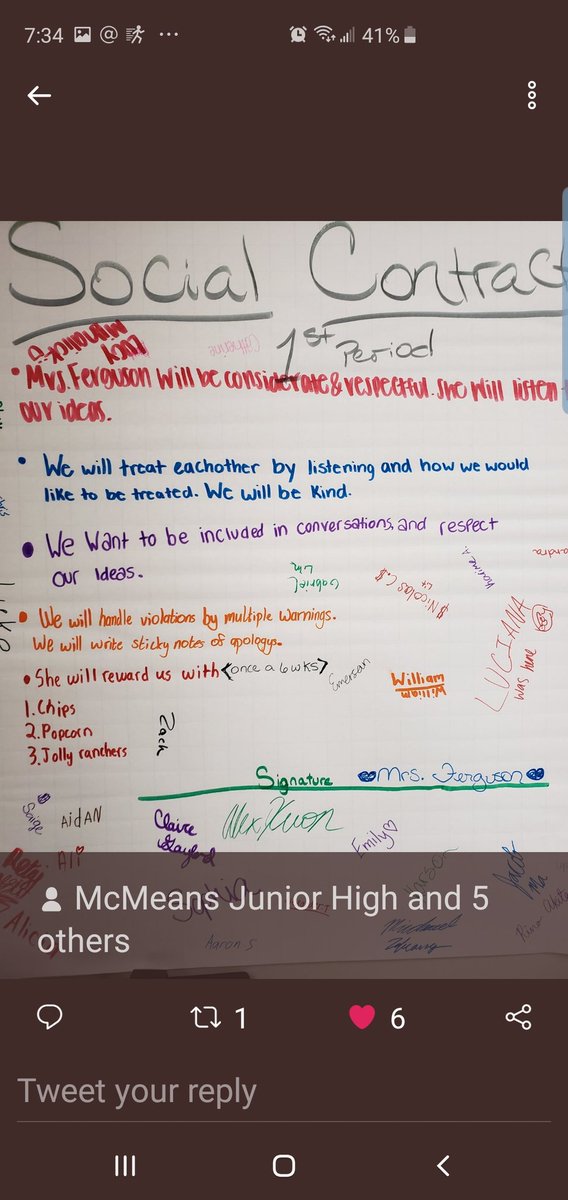 MrsReneFerguson's tweet photo. @RANESIAEDWARDS @mc_mcmeans Social Contract 4 questions how do you want to be treated #NewTeachChat https://t.co/p0f8K4mrIP