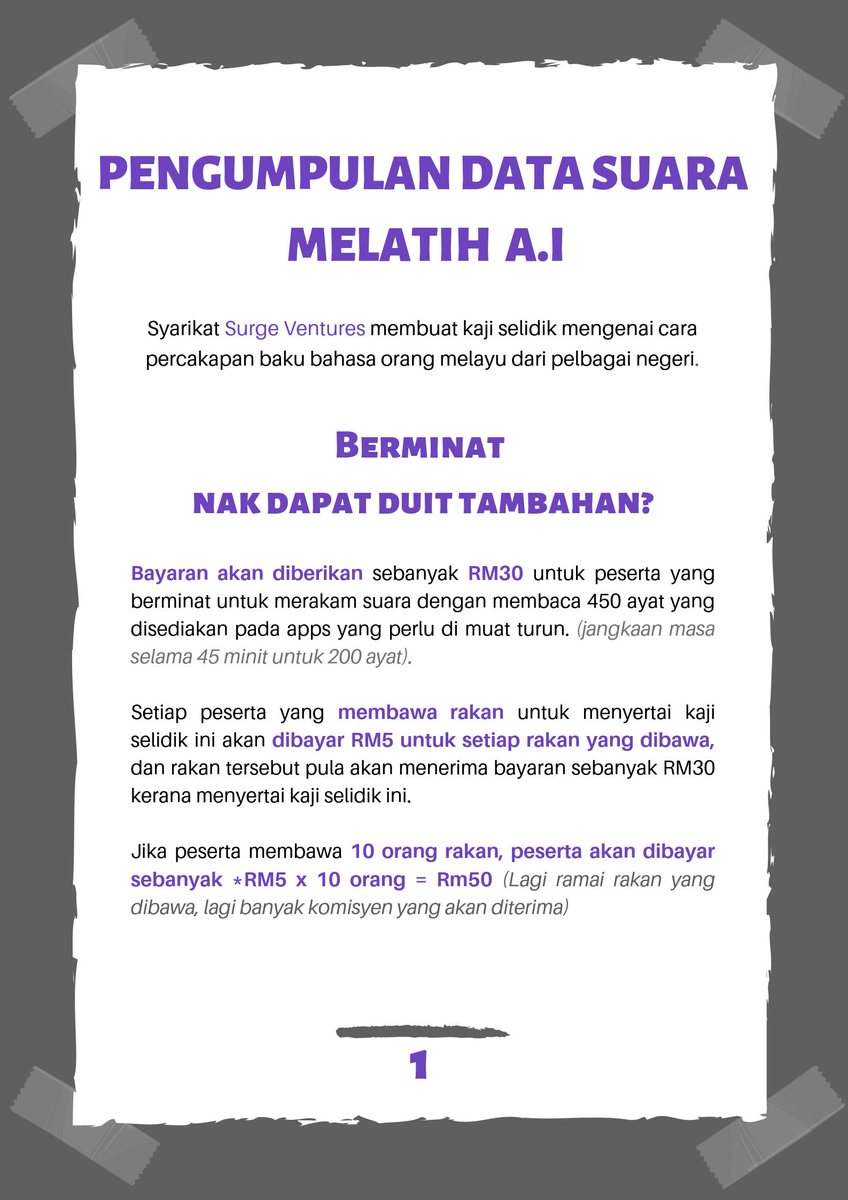 Surge Ventures On Twitter Hello Rm30 Rm30 Rm30 Our Company Is Currently Having Paid Research On Collecting Voice Record Data To Train A I And You Will Get Paid For Rm30 For Completing