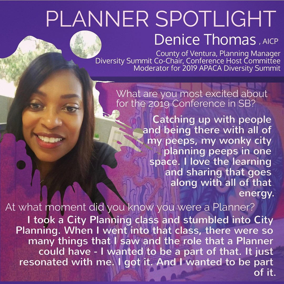 APACAConf's tweet photo. This Planner Spotlight features Denice Thomas, AICP, who is the moderator for this year’s Diversity Summit!
We are looking forward to seeing planners in SB soon to learn more about what makes them tick as professionals making differences in communities.
#APACA19 #APACAconf https://t.co/L3xIQy3c8S