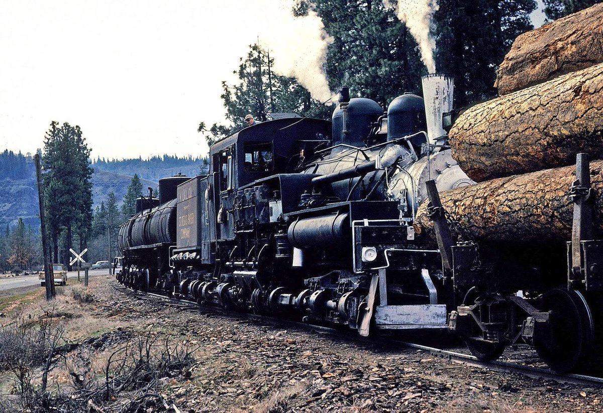 americanrails's tweet photo. Klickitat Log &amp; Lumber three-truck Shay #7 switches out loads of logs for the trip down to the mill at Klickitat, Washington during April of 1964. Drew Jacksich photo. https://t.co/R0ADDtAPy7