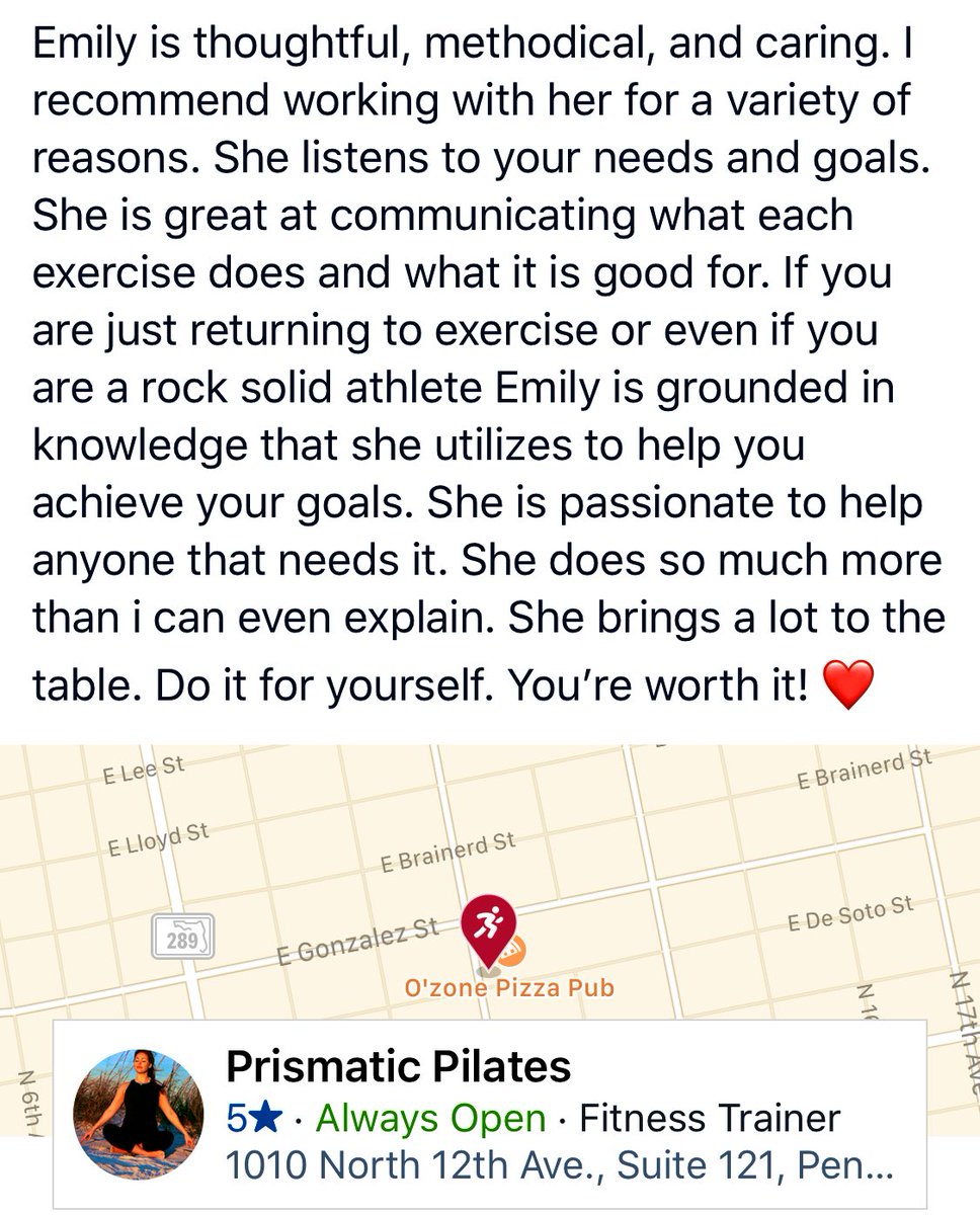 Thanks for the #Review and #recommendation Amy!! Excited to have you back at the #pilates studio soon!!
.
#PrismaticPilates #aerial #meditation #TRX #Pensacola #MotivationMonday #MotivationalMonday #MoveMore #pensacolapilates #pcola #reputation #5stars #Like #follow #share