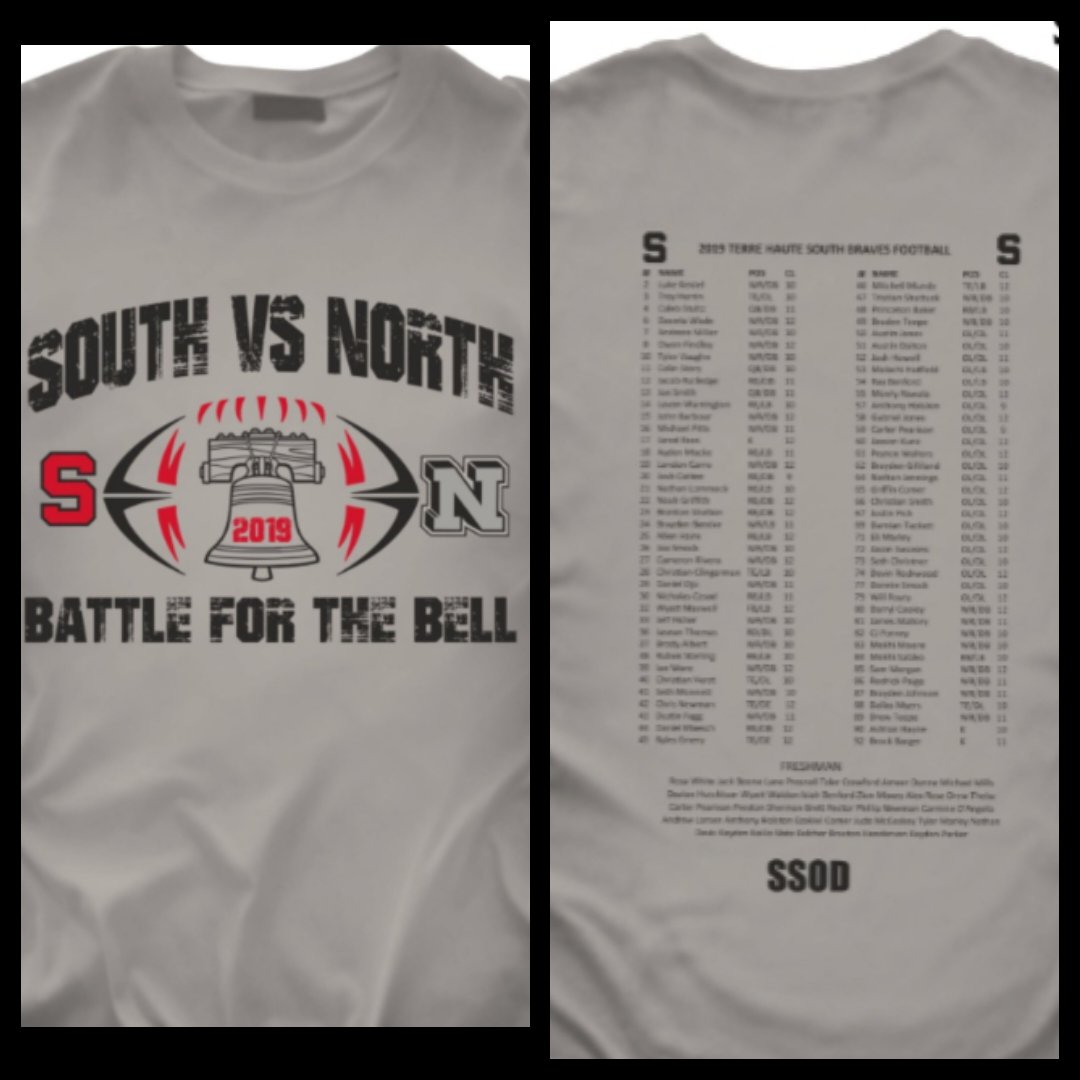 📢 South vs. North Bell game shirts are here!! We will have them for sale during lunch hours Tuesday, Wednesday, and Thursday! 
Cost is $10, limited quantity. Get them while they last!
<a href="/THSouthSports/">THSouthSports</a> <a href="/THSBravesFB/">TH South Football</a> @THSouthTribe <a href="/THSouthPN/">THSouthPN</a> <a href="/THSouthCheer/">TH South Cheer Team</a>