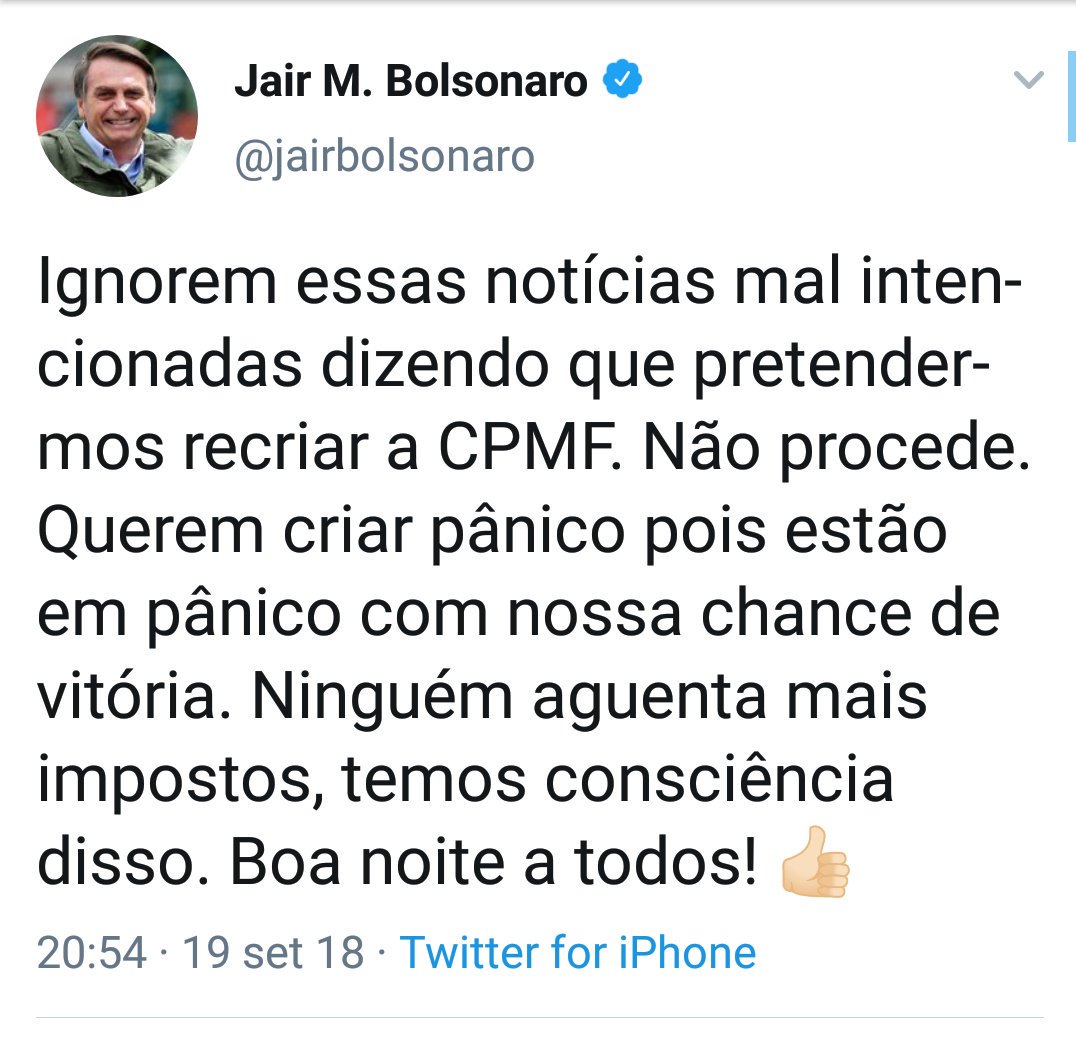 nevesedsom's tweet photo. Menos de um ano depois vão lá e recriam a CPMF pensa num vigarista mentiroso @jairbolsonaro https://t.co/KFvdDqK9Ux
