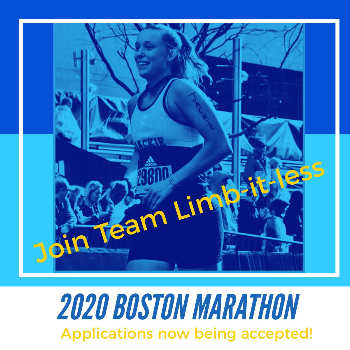 Now taking applications for the 2020 Boston Marathon!  Join Team Limb-it-less and help amputees live their lives! 💙💛 heatherabbottfoundation.org/2020-boston-ma…
