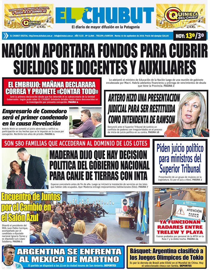 NicolasGil2011's tweet image. Tapa de @ElChubut:
📌Comienza a definirse el juicio oral y público por la causa #Embrujo con la declaración de Correa.
📌Ninin será el primer condenado por las causas de corrupción.
📌Nación aportará fondos para cubrir sueldos de docentes y auxiliares.