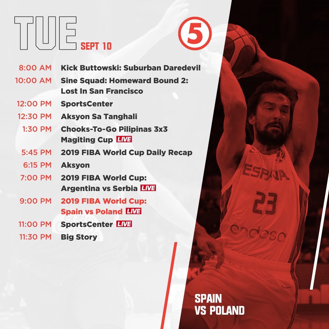 TV5manila's tweet photo. Watch more LIVE basketball action sa Chooks-To-Go Pilipinas 3x3 Magiting Cup and 2019 FIBA World Cup ngayong Tuesday on 5! #GetItOn5 https://t.co/DyrOZVahFr