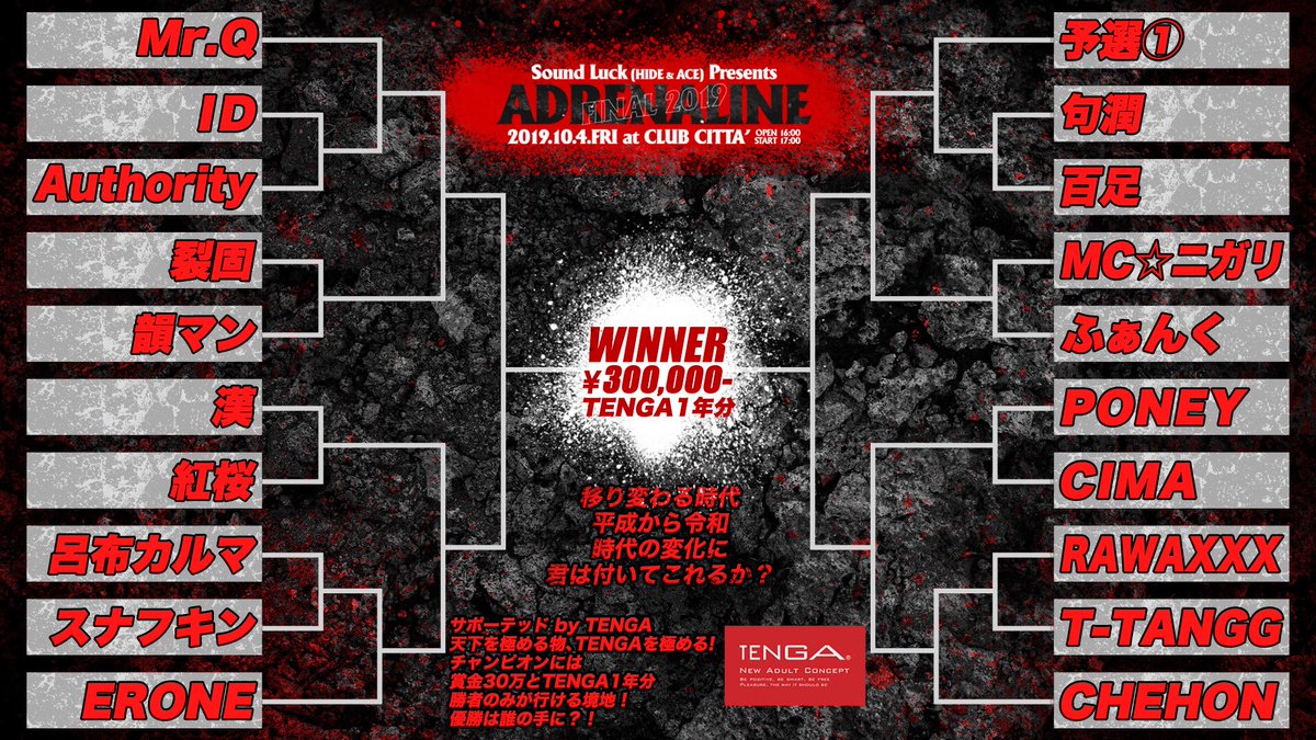 ADRENALINE FINAL 2019 】 10/4 川崎 CLUB CITTA' 🔥トーナメント表