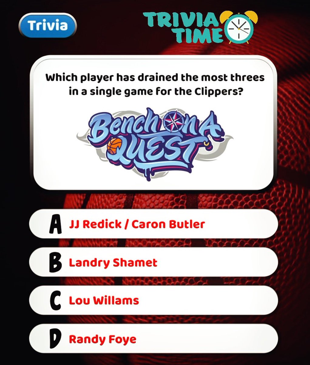 BenchOnaQuest's tweet photo. LAC #TriviaQuiz: Which 
@LAClippers
 Player Scored the Most Threes in a Game? 🤔 
#ClipperNation 🏀 #BenchOnaQUEST 🎨 #LAClippers ⛵ #CLIPSET ⚓ #ClampCity 🔒 #LAOurWay 🚢 #WeRepLAC #WeAreLA #LosAngeles #Clipperholics #basketball #NBAtrivia 🕒 #sportstrivia ❔#Trivia ❓#NBA https://t.co/eWstGmwTIZ