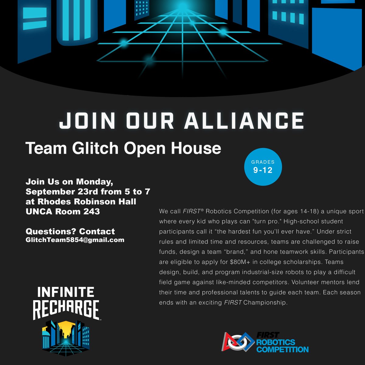 GlitchTeam5854's tweet photo. Save the date! GLITCH Open House 9/23 from 5pm-7pm Room 243 Rhoades-Robinson Hall at UNC Asheville! Email glitchteam5854@gmail.com for more information. https://t.co/sPPmj3RPMO