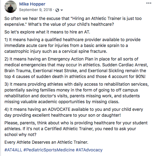 "Hiring an #AthleticTrainer is just too expensive." Wrong answer. #ATValue #AT4ALL #PediatricSportsMedicine