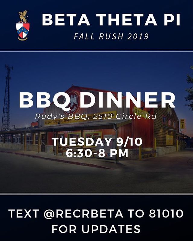 Our last open rush event is tomorrow evening! Come out to to Rudy’s for some great Texas barbecue at 6:30pm and share a meal with the guys of Beta #rushbaylorbeta ift.tt/2HUDx4c