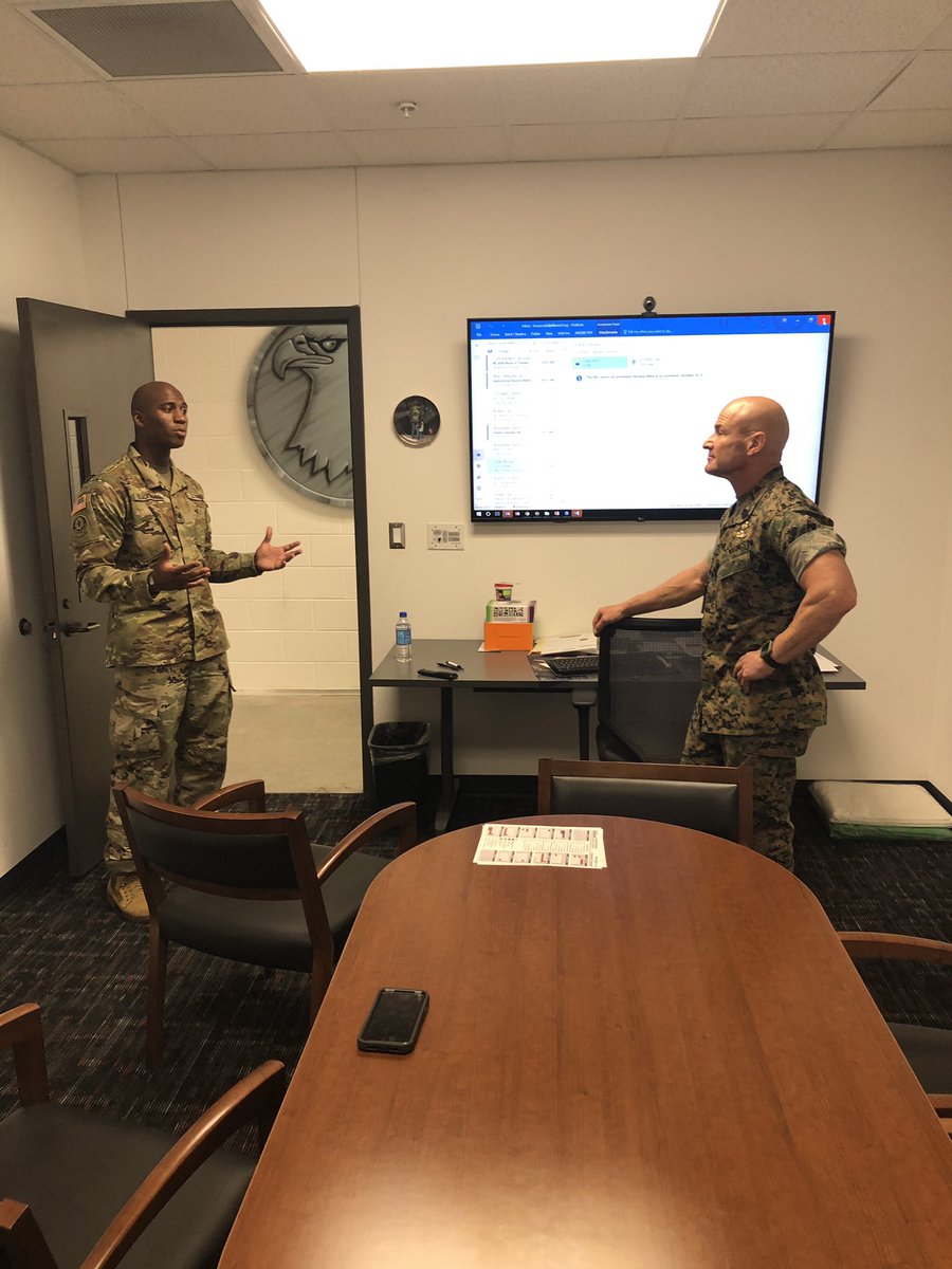 ArmyCompany's tweet photo. SSG Blackwood speaking with SGM Cole on how they can work together to support the Marine CORPS JROTC In ALLEN HS. @ArmyMckinney @SouksavanhKham3 @MarcPena18 @USARDallasBNCDR @CSM_Dallas https://t.co/gKiPqJShV5