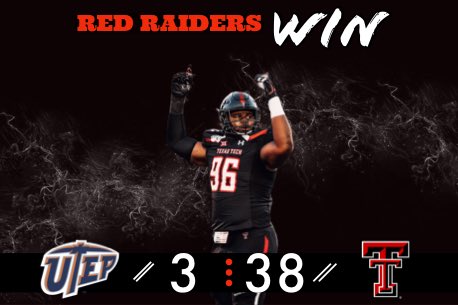 Week 2:
(1-1) UTEP: 3
(2-0) Texas Tech: 38
Final

A. Bowman: 30-45, 260, 3-1
A. Shyne: 8 rush, 45 yds, 1 TD 
T. Vasher: 6 catches, 78 yds, 2 TDs

#WreckEm #TexasTech
