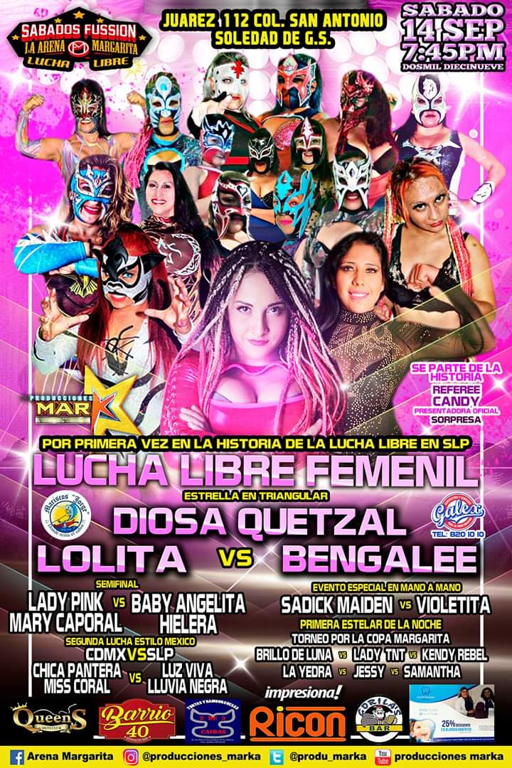 Produ_Marka's tweet photo. Asiste y se parte de la historia!!!
ArenaMargaritaProducciones Mar*kaListo!!!
Lucha estrella en triangular.
La consentida de la afición potosina Diosa Quetzal
El angel de la lucha libre Lolita
La gatita fiera Bengalee
Más de 16 luchadoras en acción 
Referee femenil. https://t.co/ZFHOCfqn0J