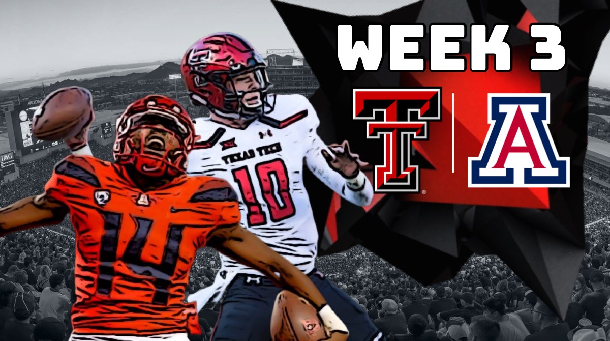 Week 3:
(2-0) Texas Tech @
(1-1) Arizona

🖥: ESPN
⌚️: 9:30pm CST
📍: Arizona Stadium (Tucson, AZ)
🎙: DoubleT 97.3
📈: Texas Tech -2.5, O/U 74.5

🔴⚫️ #wreckem #texastech