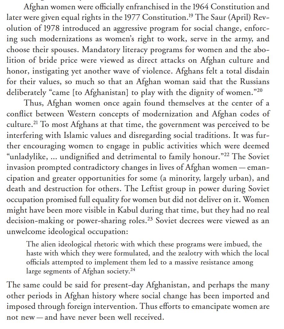 5. Over the course of Soviet involvement in AFG, education deteriated, especially under the invasion & especially for women.Aiding Afghanistan & Gender and International Aid in Afghanistan by Lina Abirafeh