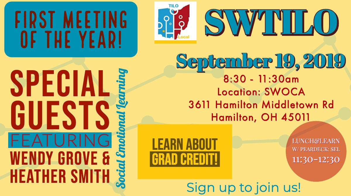 mrsmediatech's tweet photo. Hello #SWTILO! Are you ready for year 4️⃣? Please join us at @SWOCA on Thurs 9/19/19 8:30-11:30am. New this year grad credit from @KentState!
RSVPs https://t.co/4BBLv24kyg Pls retweet! @rozmuse @rebecca_dwenger @amy_romes @melaniezolnier @giohio @stadtjay @piquea @RossRamsLearn https://t.co/E4JomuTnUC