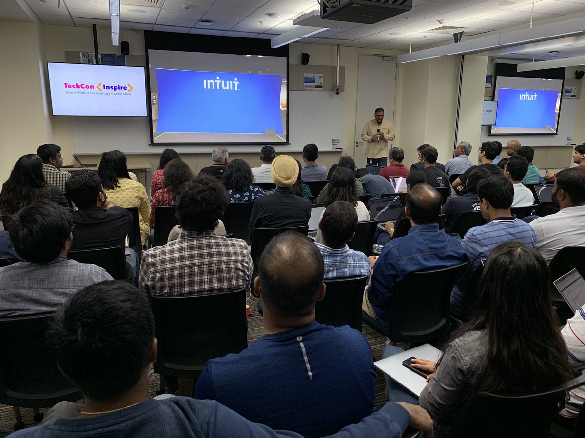 IntuitIN's tweet photo. It’s a packed house! We are ON with #TechCon, a day long tech conference for technologists by technologists! 20+ sessions on #Data, #AI, #Cloud, #Mobile, and more!! #IntuitTech https://t.co/5el0rnEnlF