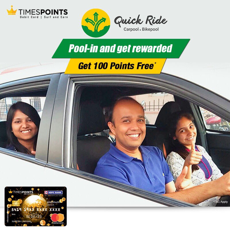 TimesCardDebit's tweet photo. Share more. Save More!
Make your daily journey least expensive with Times Points Debit Card when you choose to carpool with @QuickRidein . Offer details at https://t.co/qsLVcAYPgC.
#Carpool #CarpoolToWork #Offers https://t.co/syqdALTZNl