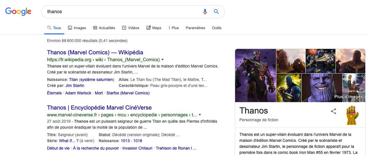 #Thanos 
Petit jeu du matin.
Rechercher sur Google "Thanos", puis cliquez sur le gant à droite 🤜
... et regardez ce qui se passe! 😱😱😱