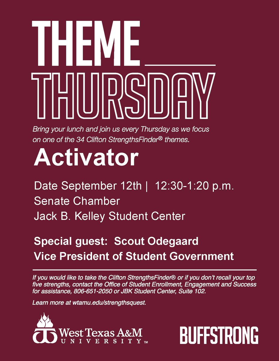 wtbuffstrong's tweet image. Come join us, we are hosting our first Theme Thursday of the 2019-2020 school year this Thursday. Meet us in the senate chamber at 12:30 on the 12th. Come see our VP of Student Government, Scout Odegaard. pc: Drawmystrengths