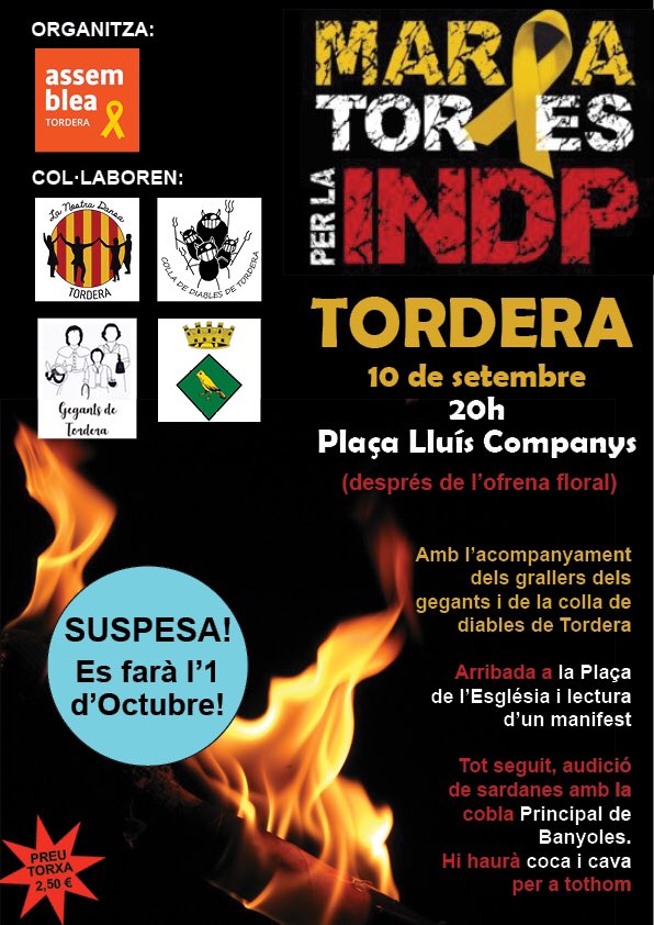 🔴ATENCIÓ‼️ A causa del mal temps i de les dolentes previsions per avui, es suspèn la marxa de torxes d’aquest vespre!
⚠️ La marxa es trasllada al dia 1 d’octubre! Per commemorar la jornada del referèndum! 
👉🏻 Us esperem a totes i tots l’1-O! #Tordera #ObjectiuIndependència