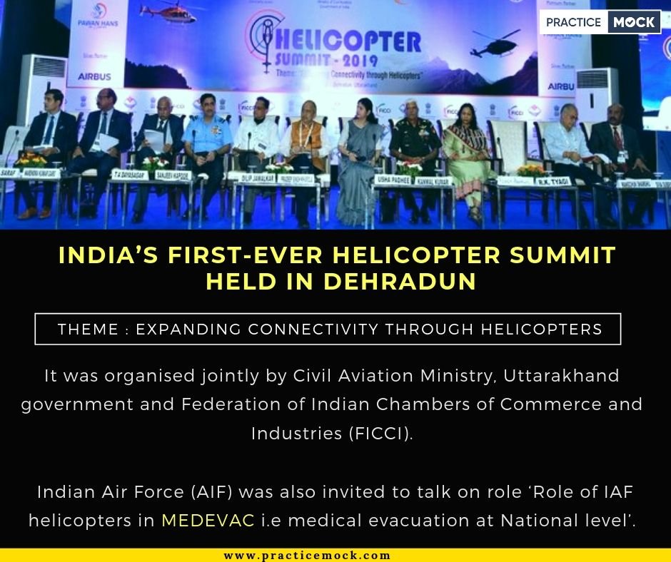 practicemock's tweet photo. India’s first-ever helicopter summit held in Dehradun.
#India #GOI #government #currentaffairs #gk #banking #generalknowledge #IAF #Practicemock https://t.co/2J737uNRCG