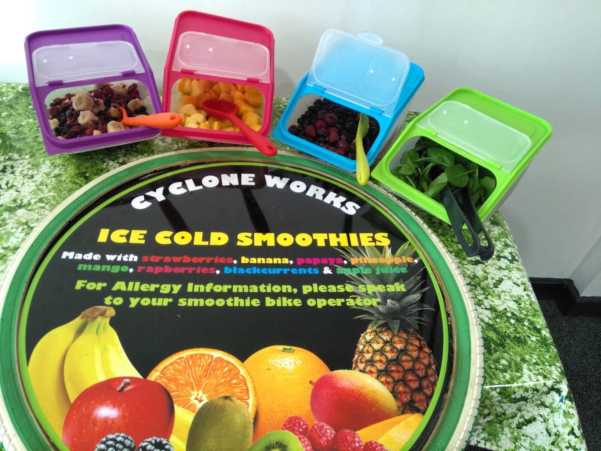 CycloneWorks's tweet image. Office challenge at Alpha Generation, making ice cold smoothies and racing on our pedal powered traffic light race bikes. Office staff are loving it. #smoothie #fruit #fresh #icecold #race #bike #cycle #smoothiebike #pedal #pedalpowered #trafficlights #alphagen #cycloneworks