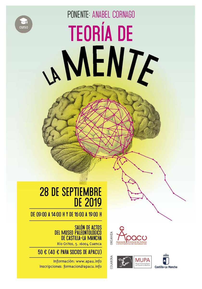 CURSO TEORÍA DE LA MENTE 
Anabel Cornago impartirá este curso el día 28 de Septiembre de 2019 en Cuenca. 
apacu.info/curso-teoria-d…
<a href="/FederAutismoCLM/">Feder. Autismo CLM</a>