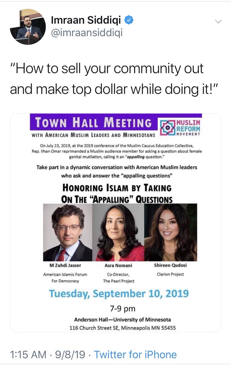 AsraNomani's tweet photo. You know you’re doing something right when CAIR sends its character assassination hit man after you. Imraan Siddiqi (who blocks me) works for CAIR Arizona. We honor Islam by taking on #appallingquestions Tune in Facebook Live 8 PM ET Sept. 10.
https://t.co/aXKrL3JaKf https://t.co/V35CwLFXzI