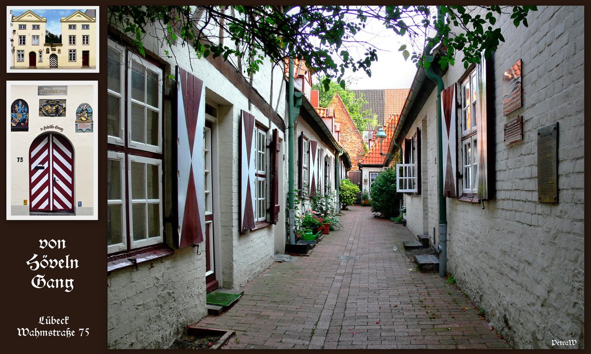 Founded in 1425, the Von-Höveln-Gang is a gated tiny street, most of the buildings date from the 18th century. Today one of these houses would sell for at least €600 000. Brick and timber and clay tiles.