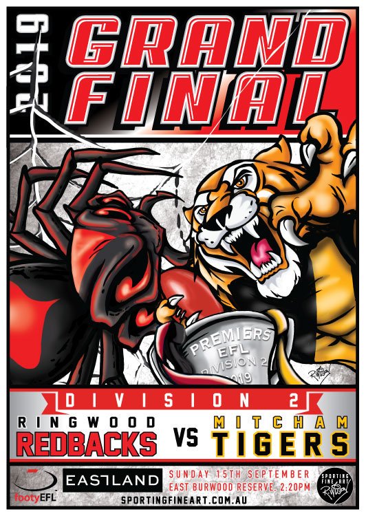 Eastern_FNL's tweet photo. It's Ringwood v. Mitcham this Sunday in the #EFLDIV2 decider at East Burwood Reserve!
Artwork by Ryan Wilson of Sporting Fine Art: https://t.co/qRjl5ubJ96