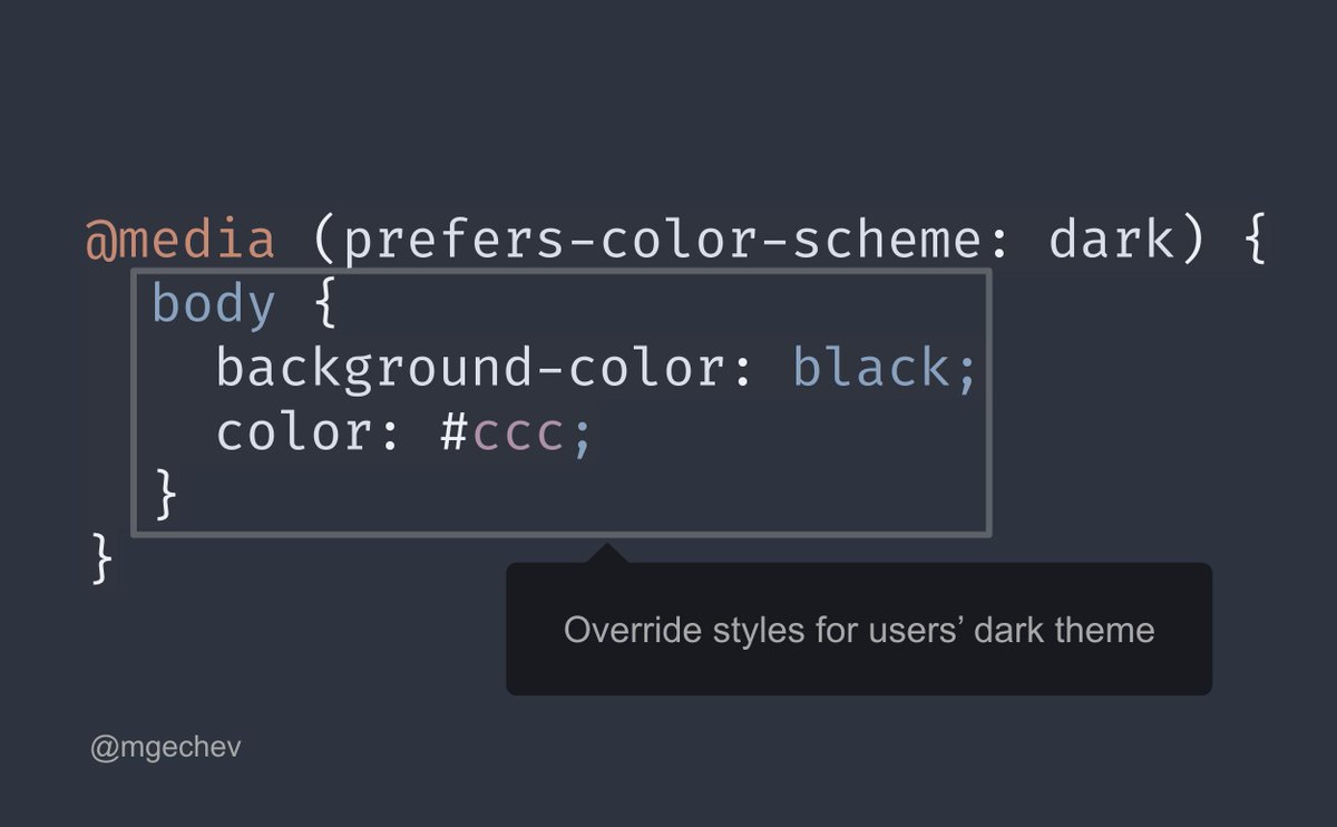 Minko Gechev on Twitter: "prefers-color-scheme allows you to add dark mode to your website using a CSS media query 💅 🚀 This feature is already available in Chrome 76, Firefox 67, Safari Minko Gechev on Twitter: "prefers-color-scheme allows you to add dark mode to your website using a CSS media query 💅 🚀 This feature is already available in Chrome 76, Firefox 67, Safari