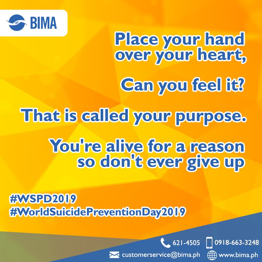 bimaphilippines's tweet photo. Did you know that approximately one million people die from suicide each year, which represents a global mortality rate of 16 people per 100,000 or one death every 40 seconds.

Drop on the comment below your words of encouragement for someone who might need it today. https://t.co/6WKo6VoXZ7
