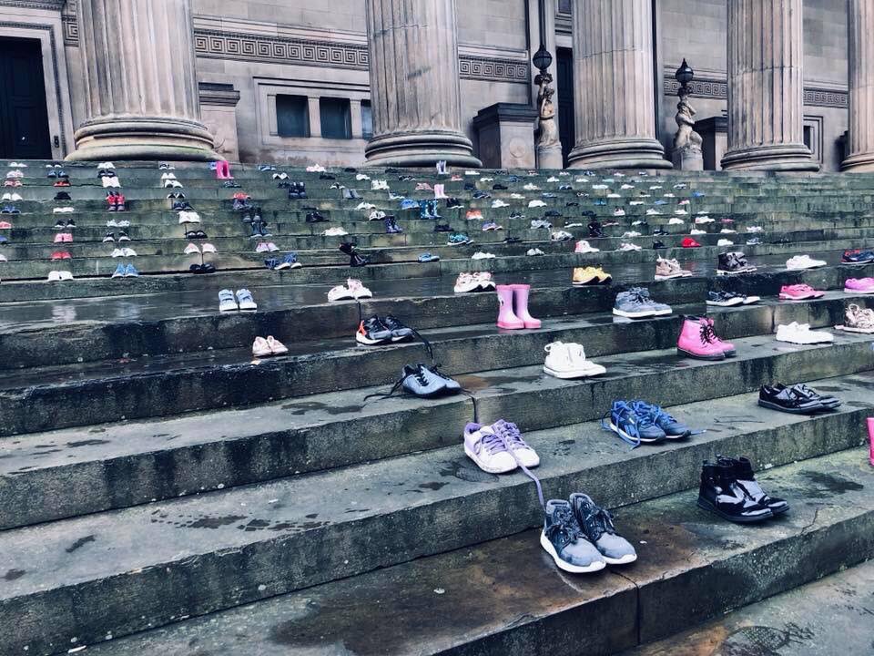 PegisStoke's tweet photo. Today is the start of children’s mental health week. 

These shoes represent the 226 schoolchildren who lost their life to suicide in 2017 in the UK #LostChildhoods #SaveTheClass https://t.co/83kM23iCHr