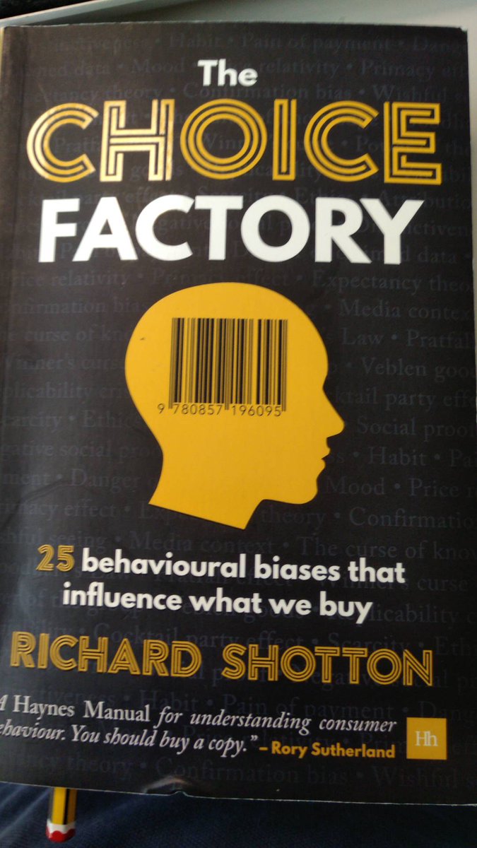 CloudFerrario's tweet photo. Book of the month:
I am finishing " The Choice Factory" of Richard Scotton
Great insights on customer behaviors and purchases
#thechoicefactory #richardshotton #continouoslearning https://t.co/MpOTLXEclf