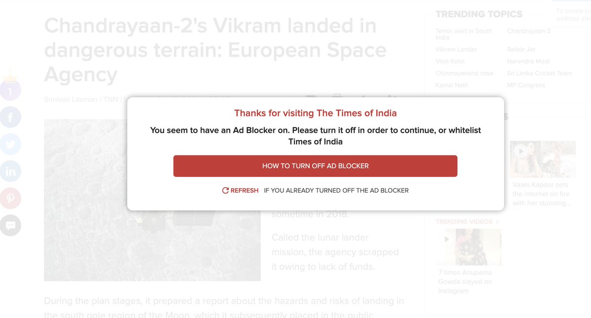 Dear <a href="/timesofindia/">The Times Of India</a>, being a news agency, why are you bothered about users having adblockers in their browsers? Why cant you show your webpage with the adblocker ON ?

Be a news agency. Not ad agency.