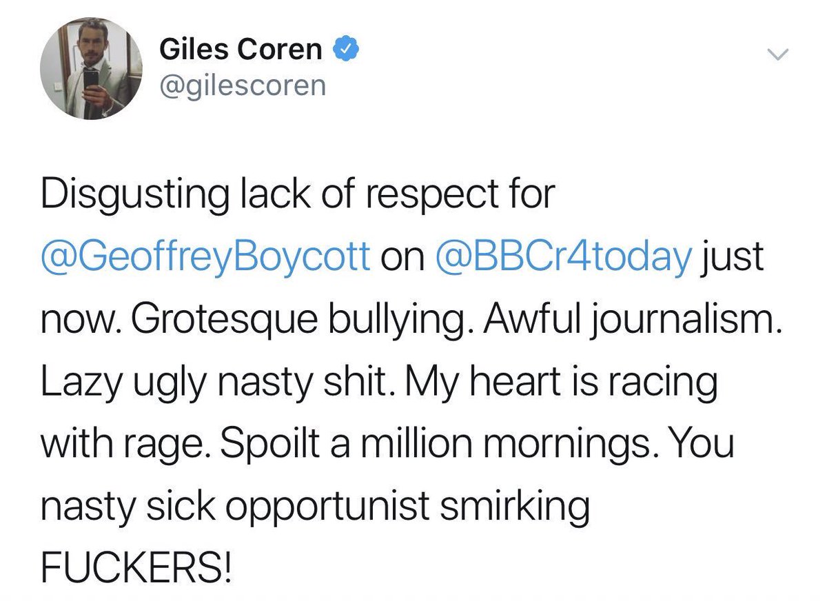 Giles Coren isn't just a racist and racism apologist, it would appear. He's a domestic violence apologist, too. I'll remind everyone Geoffrey Boycott's conviction was for punching his partner in the face 20 times.