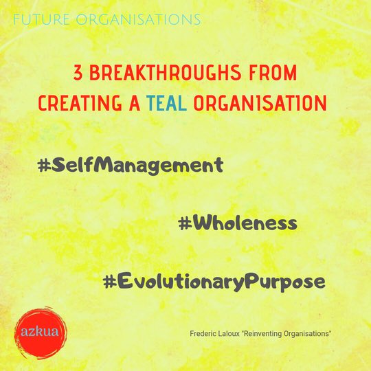 Azkua_EU's tweet photo. In his book “Reinventing organizations” Frederic Laloux presents us with his research findings&amp;gives us three breakthroughs of teal organisations:
* self-management
* wholeness
* evolutionary purpose
https://t.co/6sFSKhzha0
ard-of-a-teal-organization/
#azkua #futureofwork #teal https://t.co/3A43DuPteO