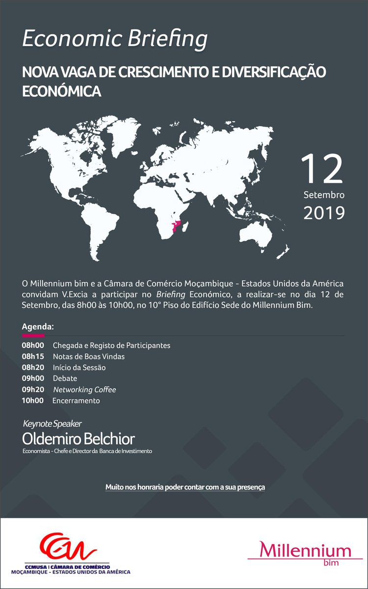 ccmusa_'s tweet photo. O MILLENNIUM BIM e a CCMUSA – Câmara de Comércio Moçambique/EUA convidam V. Exa. a participar no Briefing Económico, a realizar-se no dia 12 de Setembro, das 08:00horas às 10:00horas, no 10º Piso do Edifício Sede do Millennium Bim. Para mais informações:
21 492904 | 82 7143250 https://t.co/Q1YMc9Rhip