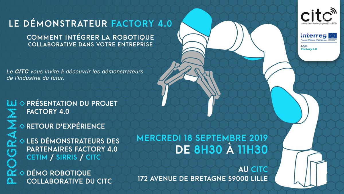 IOTcluster's tweet photo. Prêt à découvrir le démonstrateur #RobotiqueCollaborative le 18/09 projet #Factory4.0 @interreg_gotoS3 #financements #partage d'expériences #accompagnement @CetimFrance @Sirris_be @IOTcluster ➡️Inscription https://t.co/7qz633pZY4 https://t.co/xArimhsU5e