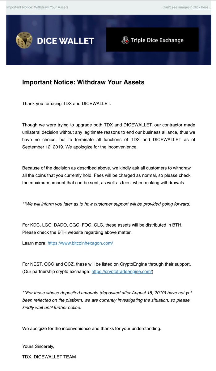 ダイス9/12で閉鎖します！お知らせメールが来ました。今まで換金できなかった様々なコイン も完全に消えますね。他で扱えないし。本格的に逃げるんですか？♯ダイスウォレット♯トリプルダイスエクスチェンジ♯ネスト♯NEST♯橋谷田拓也