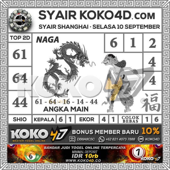 O Xrhsths Koko4d Sto Twitter Prediksi Angka Main Togel Shanghai Hari Selasa 10 September 2019 Angka Main 6144 Colok Bebas 1 Dan 6 2d Cari Kawan 61 64