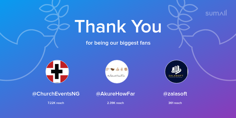 agapesijuade's tweet photo. Our biggest fans this week: ChurchEventsNG, AkureHowFar, zalasoft. Thank you! via https://t.co/6TleeiLHxw https://t.co/VkllfKyi8s