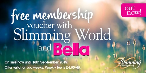 SlimmingWorld's tweet photo. If you’re starting your #weightlossjourney this #September, you’ll definitely want to pick up a copy of @bellamagazineUK – inside there’s a voucher for free #SlimmingWorld membership to help you get going! 💨 https://t.co/3DPDRgOww6