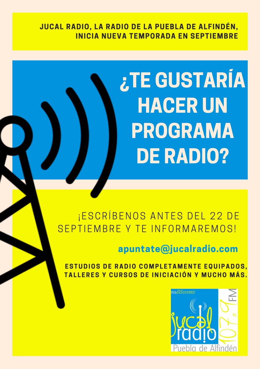 ayto_alfinden's tweet photo. 📻 Comienza la temporada en #JucalRadio y buscamos voluntarios que quieran unirse al equipo y pasar un buen rato. 🎙

Aprovecha la oportunidad, no es necesaria experiencia ni conocimientos previos. 

📩 Escribe a apuntate@jucalradio.com antes del 22 SEPT e infórmate. https://t.co/2m2jDlhS7j
